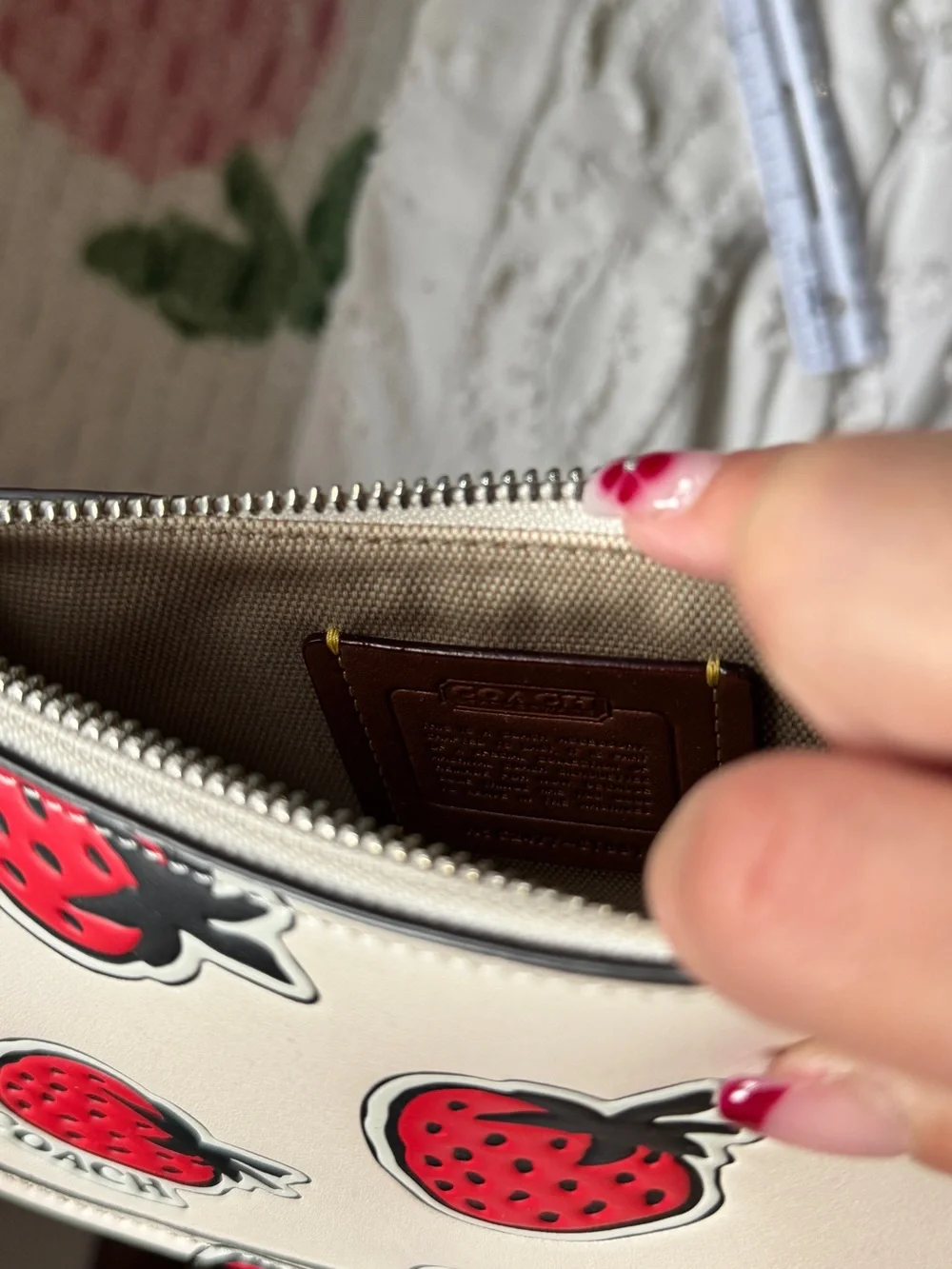 Coach Cream Leather Crossbody with Red Strawberry Print